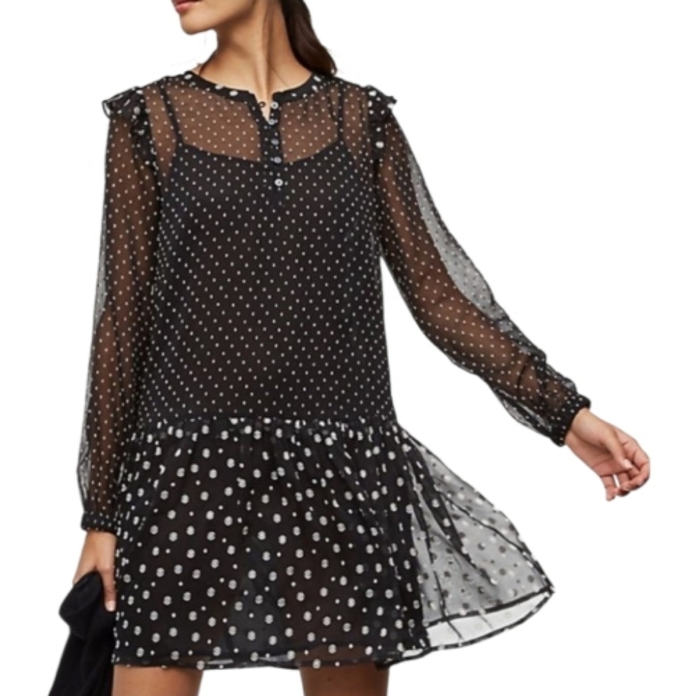 LOFT Black & White Swiss Polka Dot Ruffle Drop Waist Dress, Size S